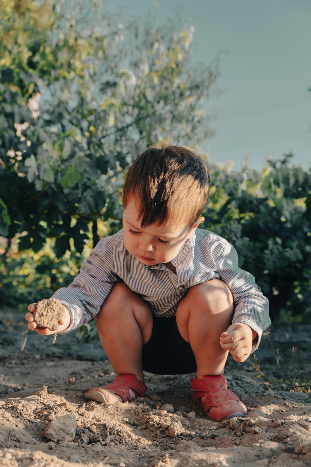 Un jeune enfant accroupi qui joue avec la terre